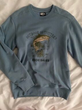 Eddie Bauer Men's Crewneck Sweatshirt in Slate Blue with Fish Graphic